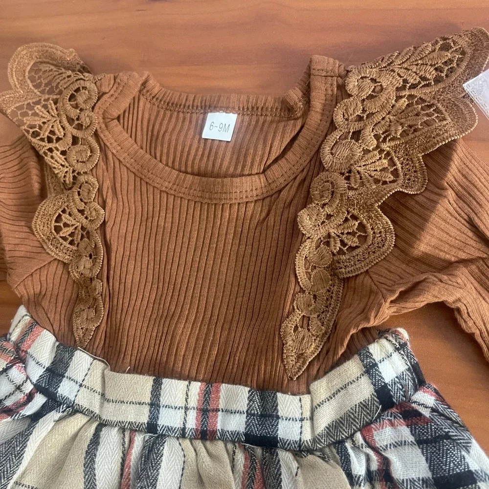 Baby Girls Rust Brown‎ Ribbed Top and Plaid Skirt Set 3-Piece Outfit 6-9 Months